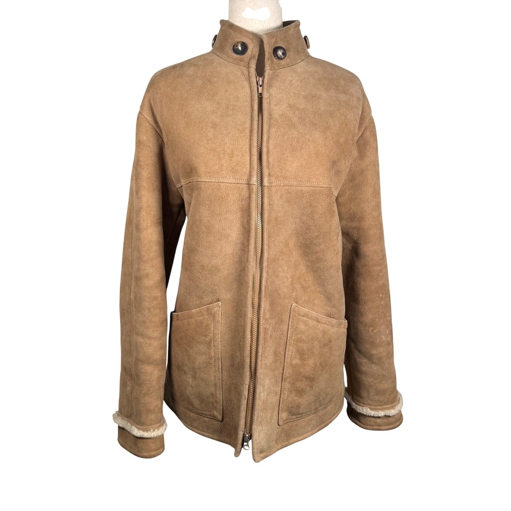 Overland Sheepskin Co Jacket Women 12 Tan Suede Shearling Rancher Western Coat